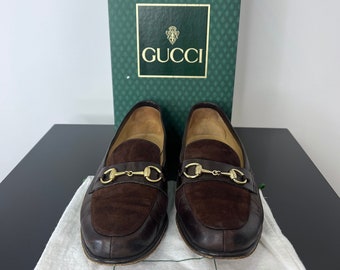 Vintage 1980s Gucci Horsebit Loafer in Brown Leather and Suede, Size 38 (US 7 1/2) With Original Gucci Box and Dust Bag