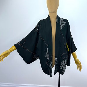 Vintage Black Haori, Kimono Jacket, With Silver and Pink Print and Canary Yellow Partial Lining, Handmade