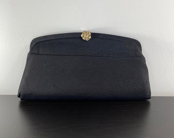 Vintage 1950s Black Evening Clutch Handbag with Gold & Rhinestone Clasp, Front Pocket and Optional Chain Handle. Updated Photos Coming Soon
