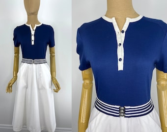 Vintage 1960s/1970s Nautical Dress.  Vintage Dress with White Skirt, Blue Bodice and Striped Elastic Belt.  Pockets