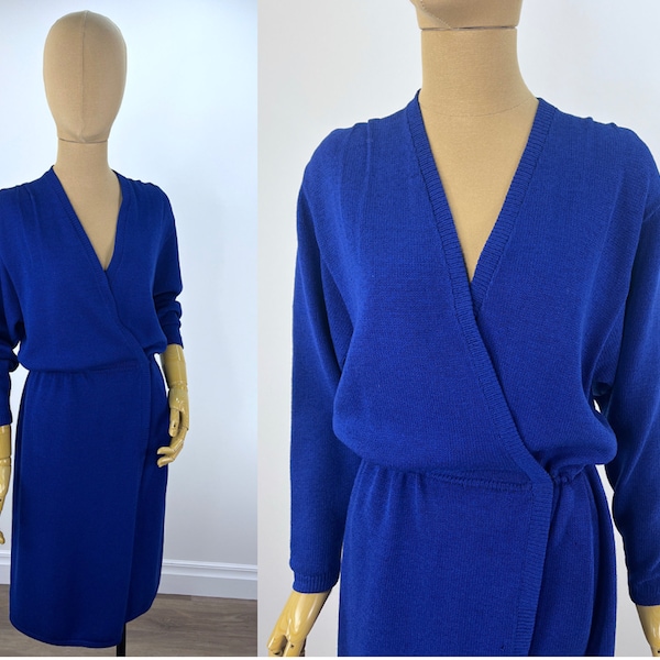 Vintage 1980s/1990s St John Evening For I. Magnin Wrap Dress in Electric Blue Sweater Knit