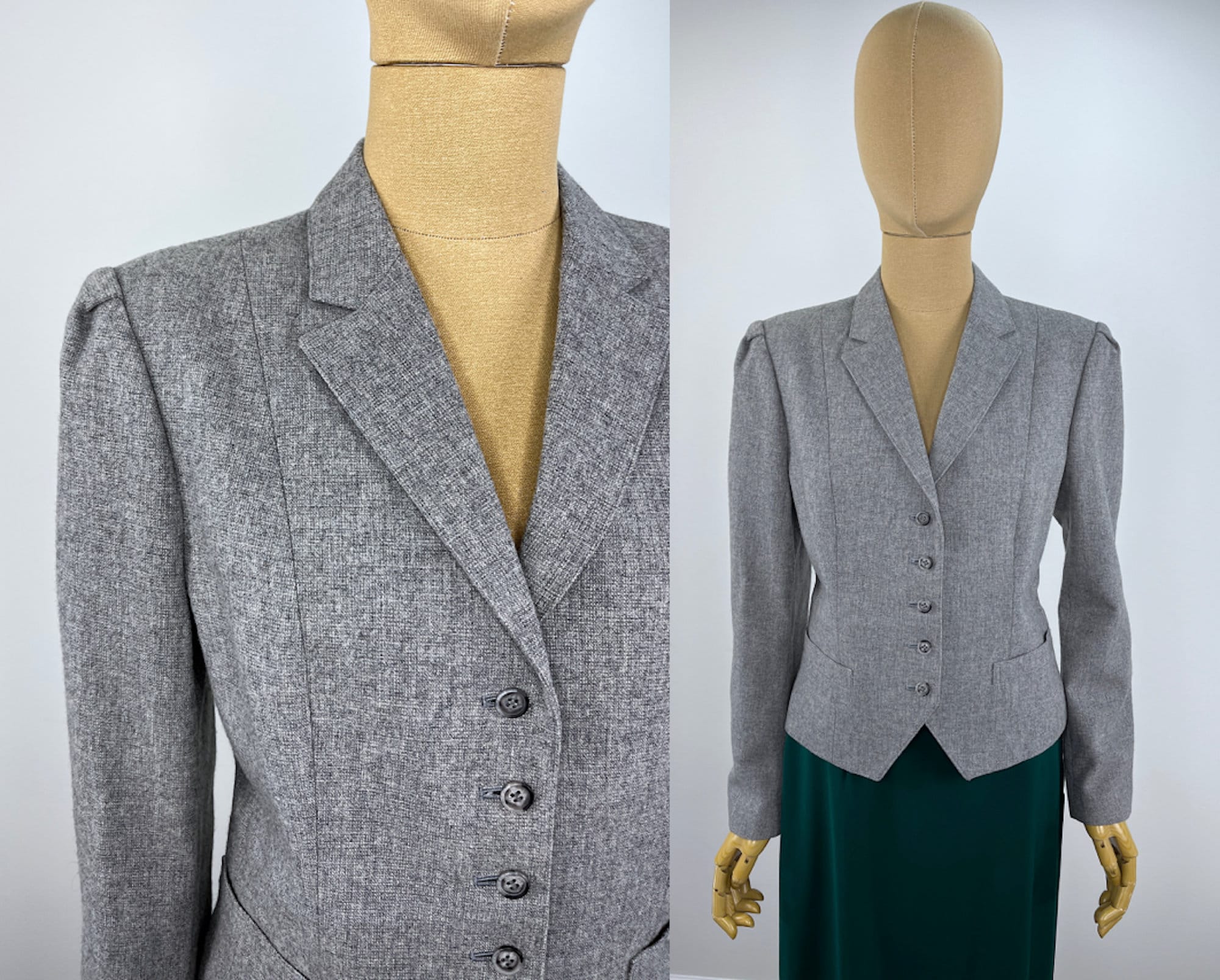 Vintage 1980s Grey Wool Blazer with Pleated Shoulder Cap and Pointed Hem.  Carson Pirie Scott & Co.  Vintage Size 9