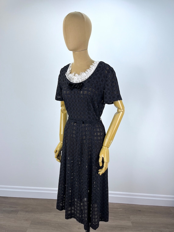 Vintage 1930s Black Cotton Eyelet Dress with Velvet Bow and White Neck Ruffle, Handmade