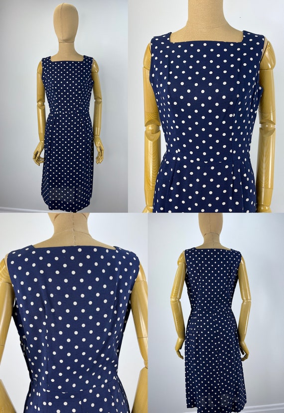 Vintage 1960s Navy and White Polka Dot Sheath Dre… - image 9