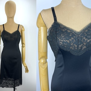 Vintage 1950s/1960s Bombshell Slip in Black Nylon With Wide Lace at the Bust and Hem