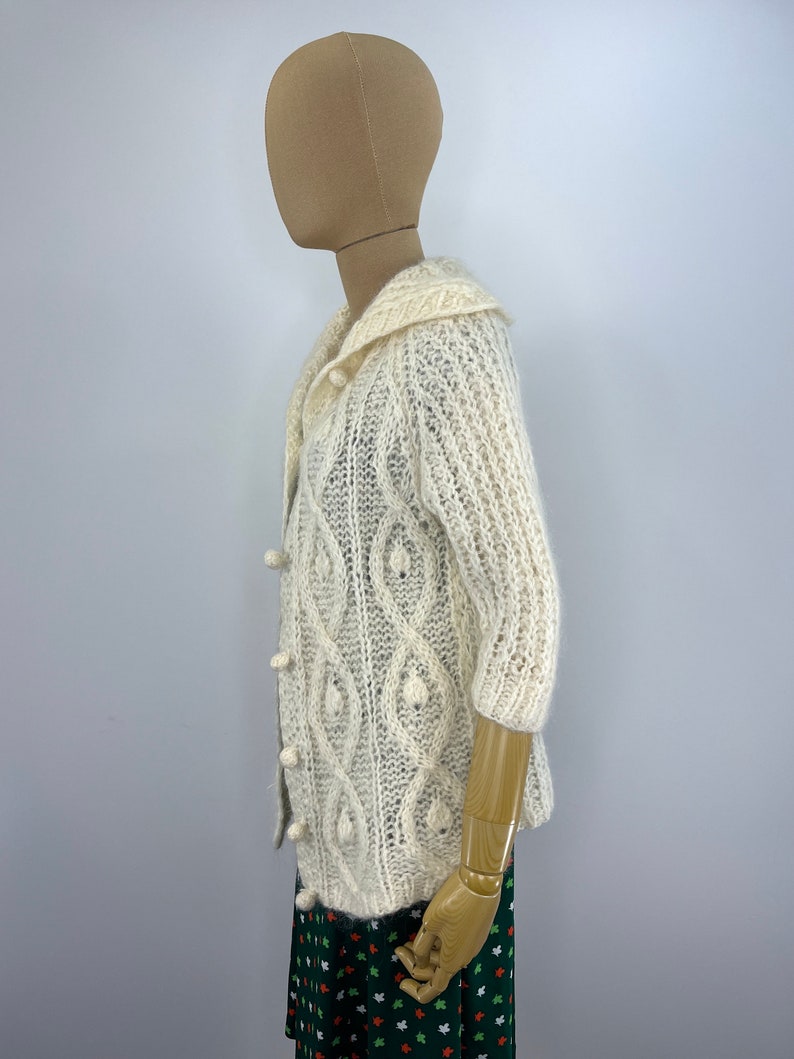 Vintage 1960s/1970s Fuzzy Ivory Hand Knit Cardigan by Montgomery Ward, Cable Knit Cardigan image 8