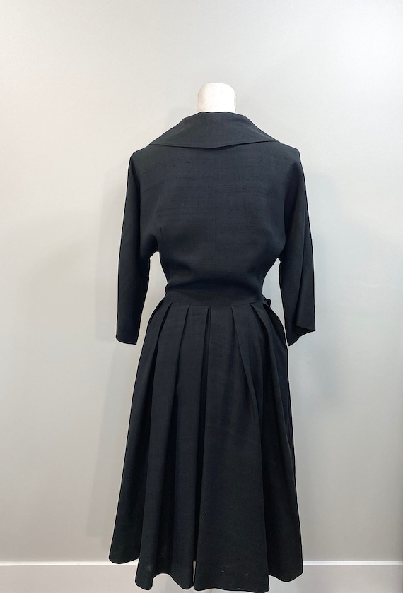 Vintage 1950s Black Raw Silk Dress, Wide Collar, … - image 3