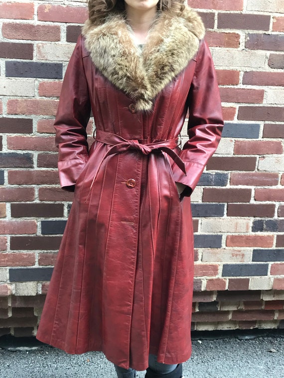 1970s Brick Red Leather Trench with Fur Collar