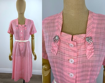 Vintage 1950s Pale Pink Striped Sheer Shirtwaist Dress with Gold Metallic Thread and Rhinestone Dress Clips. Sold With or Without the Clips