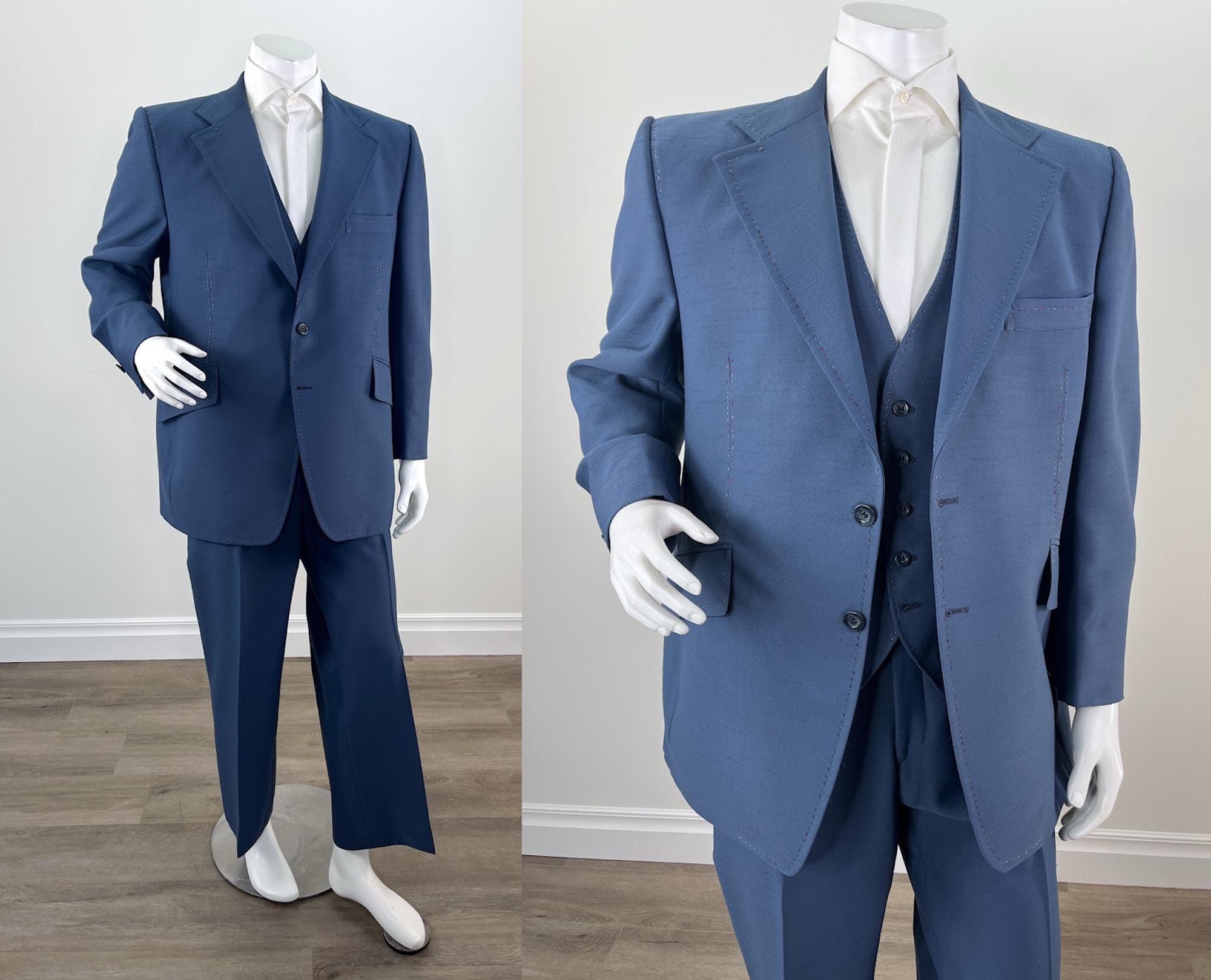 Vintage 1970s Men's Peacock Blue Three Piece Suit With Contrast
