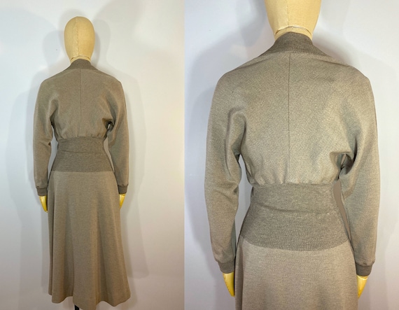 Vintage 1950s Tan Wool Sweater Dress with Shaped … - image 4