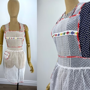 Vintage Mid-Century White Cotton Organdy Bib Apron with Red Floral Binding, Trim and Trimmed Pocket