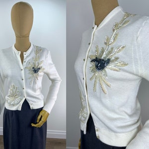 Vintage 1950s White Cardigan Sweater with Leaf and Floral Patterned Sequins & Rhinestone Buttons by Rosanna, Made of 100% Super Turbo Orlon
