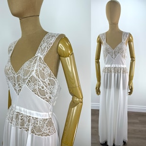 Vintage 1960s White Nylon Negligee with Lace Bodice and Low Waist Panel.  Satin Waist Tie, Size 32 by American Maid