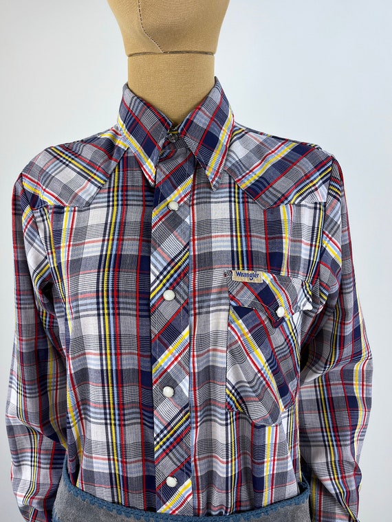 Vintage 1970s Blue Plaid Wrangler Western Style S… - image 3