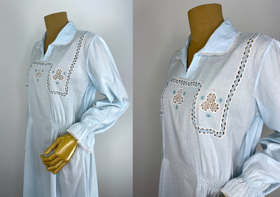 Vintage Pale Blue Cotton Nightgown with Crocheted… - image 5