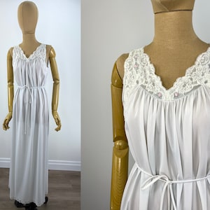 Vintage 1960s Ice Blue Nylon Negligee with Lace Accents and Waist Ties.  1960s Nightgown.  Vintage Shadowline Nightgown