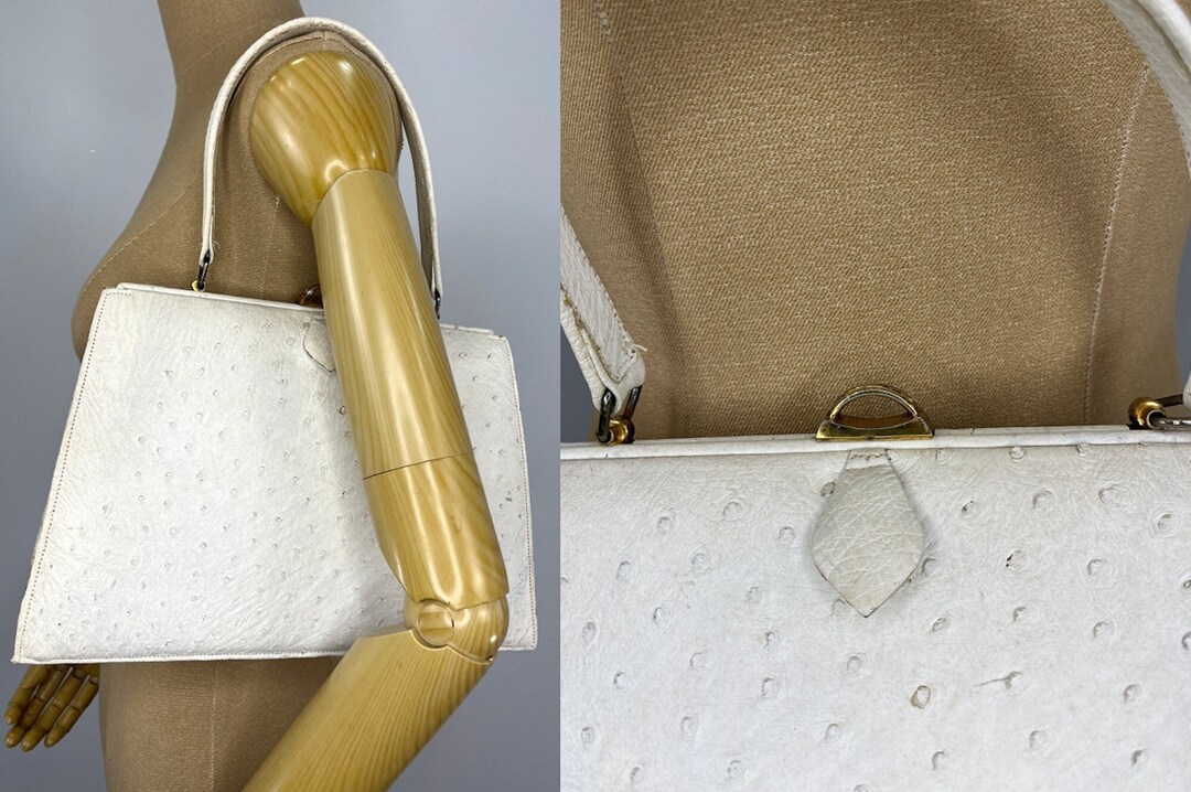 Cream Ostrich Leather Frame Gold Hardware Handbag, 1960s
