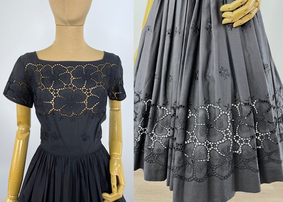 Vintage 1950s Black Cotton Floral Eyelet Dress wi… - image 7