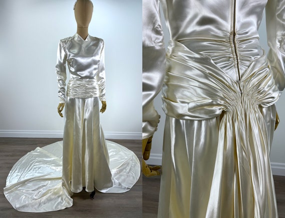 Vintage Late 1940s Ivory Satin Wedding Gown with Ruch… - Gem