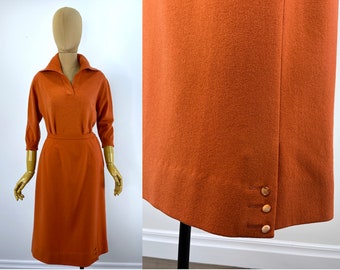 Vintage 1950s Orange Wool Skirt with Decorative Buttons at the Hem