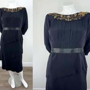 Vintage 1940s Black Tiered Cocktail Dress with Gold Beaded Neckline.  Great Vintage Size!