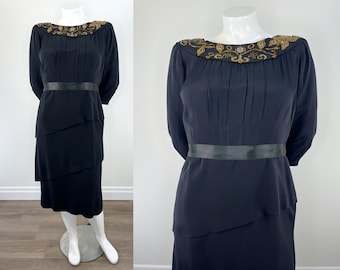 Vintage 1940s Black Tiered Cocktail Dress with Gold Beaded Neckline.  Great Vintage Size!