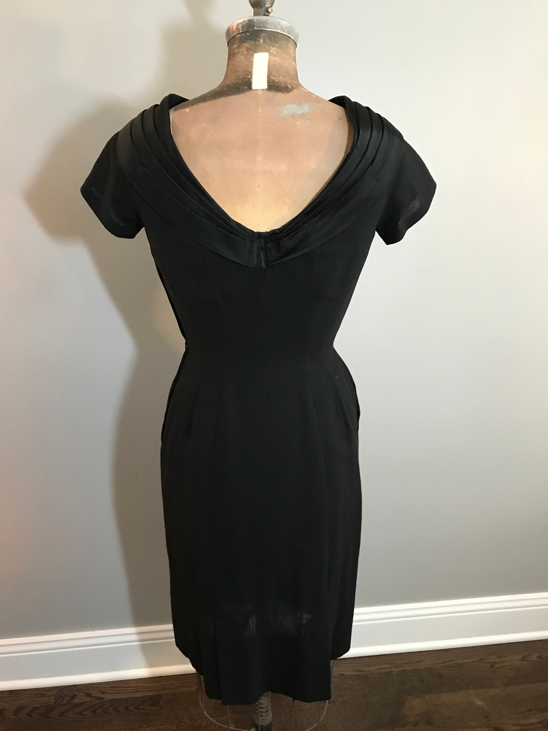 1950s Beaded Charcoal Wiggle Dress by Miss Cane | S/M