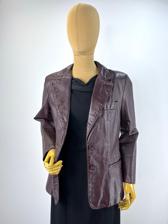 Vintage 1980s Cordovan Leather Coat With Back Shoulder Flanges and