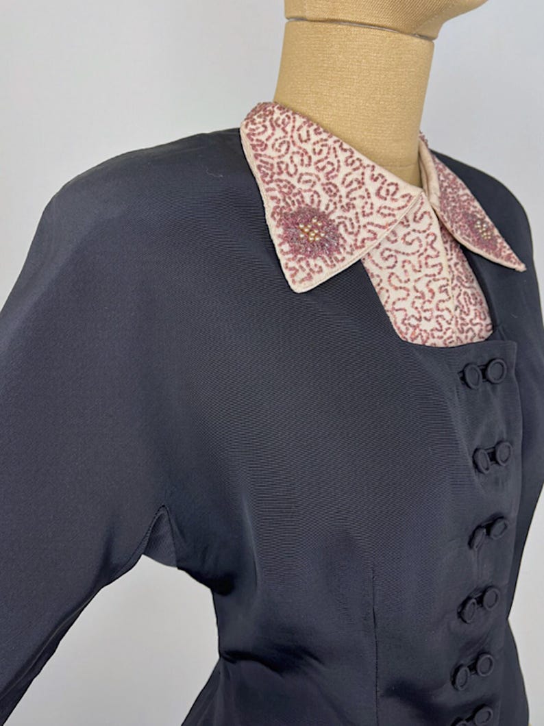 Vintage Evening Suit 1940s Black Faille Jacket Beaded Collar Outfit 1950s Formal Wear 1950s Nipped Waist Retro Cocktail Attire Two Piece image 6