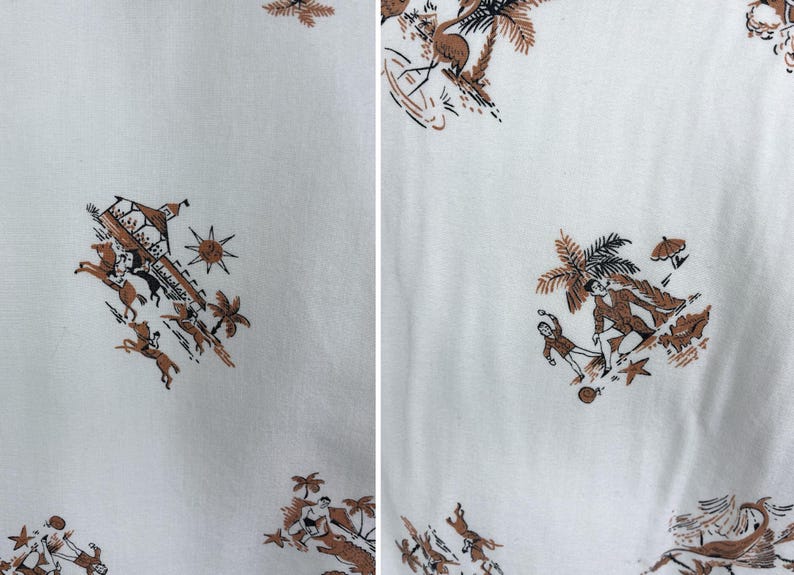 May include: White fabric with a repeating pattern of brown and black illustrations. The illustrations depict scenes with palm trees, people, and animals. The fabric has a vintage or retro aesthetic.