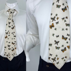Vintage 1970s Off-White All Silk Multi-Colored Butterfly Tie by Pierre Cardin, Marshall Field Company