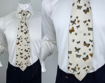 Vintage 1970s Off-White All Silk Multi-Colored Butterfly Tie by Pierre Cardin, Marshall Field Company