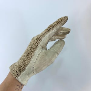 Vintage 1950s Beige Suede and Crochet Driving Gloves, By Saks Fifth Ave, Size 7. Distressed, As Is