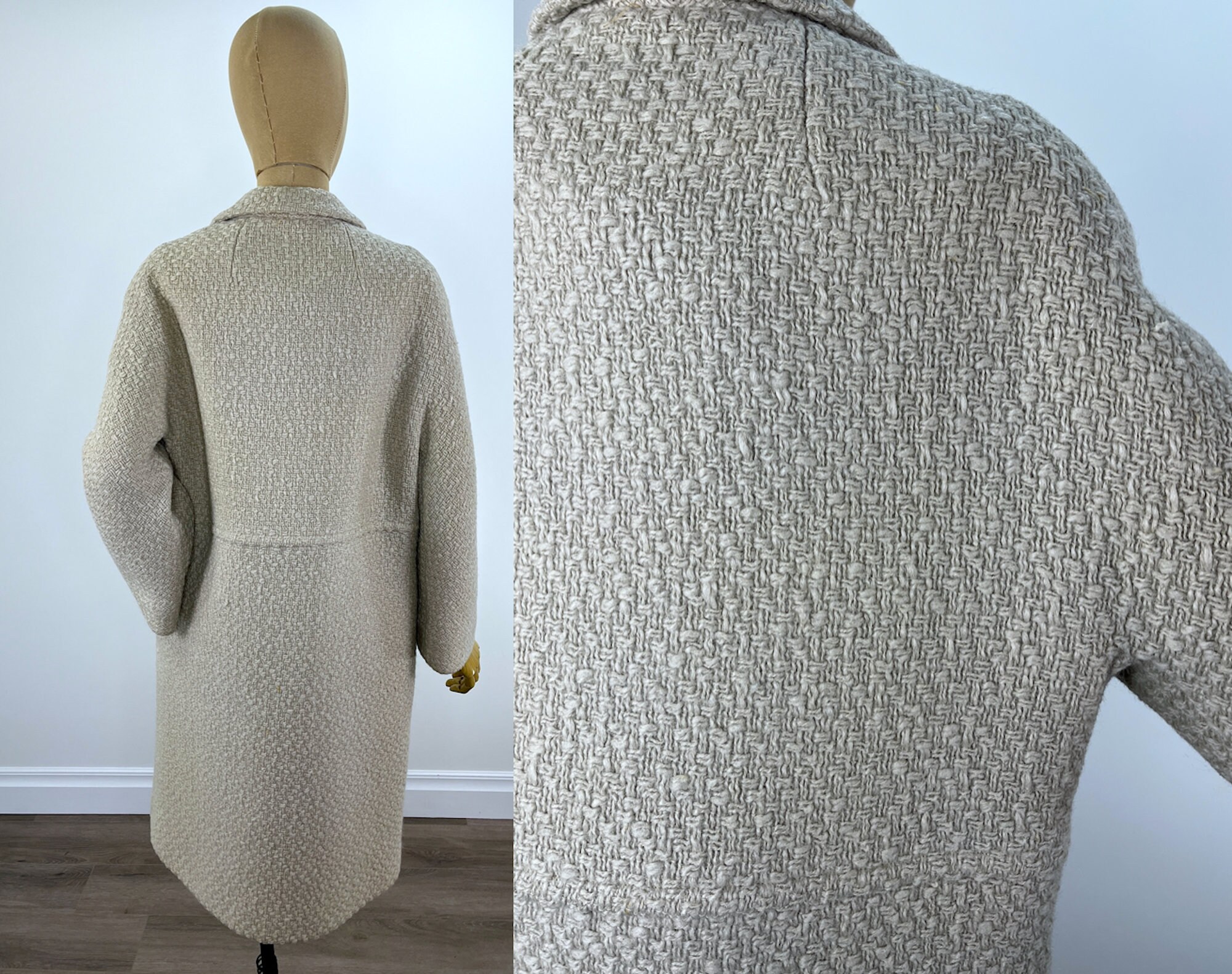 【CLASSICO】 Vintage Coat SE / FLCCDA2U11 Vintage 1960s Beige Wool Boucle Coat, Raglan Sleeve & Silk