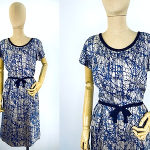Vintage 1960s Blue and Grey Abstract Print Abe Schrader Silk Twill Dress.