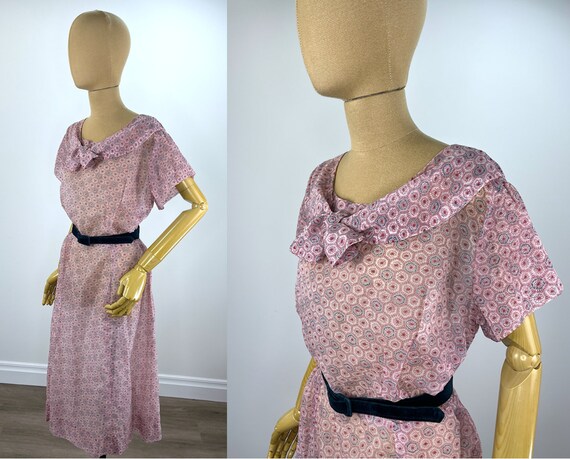 Vintage 1950s Sheer Pink Day Dress.  Pink with Bl… - image 2