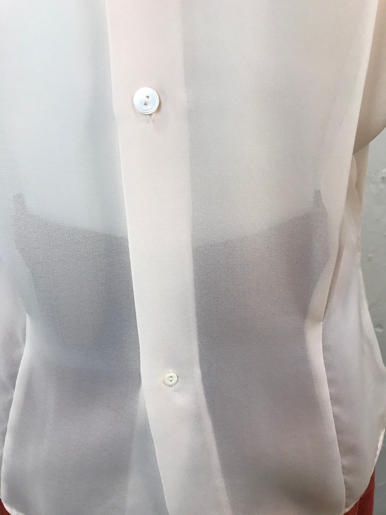 Vintage 1980s Sheer Blush Short Sleeve Shell with Floral Embroidery Buttons Up the Back