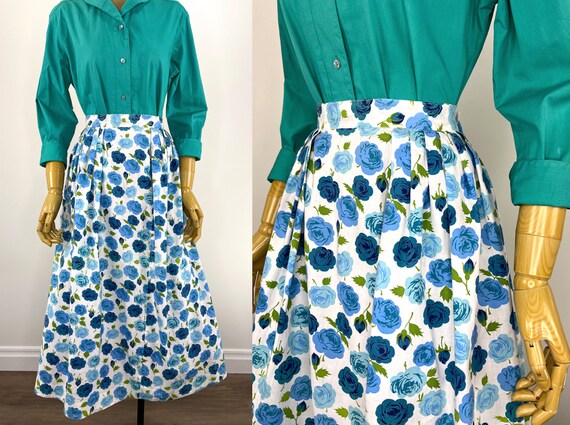Gonna plissettata in cotone con rose blu vintage anni 50 di Rosecrest Boston New York. Gonna lunga in cotone bianco vintage anni 50 con rose blu Etsy Italia