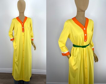 Vintage 1970s Canary Yellow with Orange Binding Nylon Housecoat.  JCPenney Loungewear