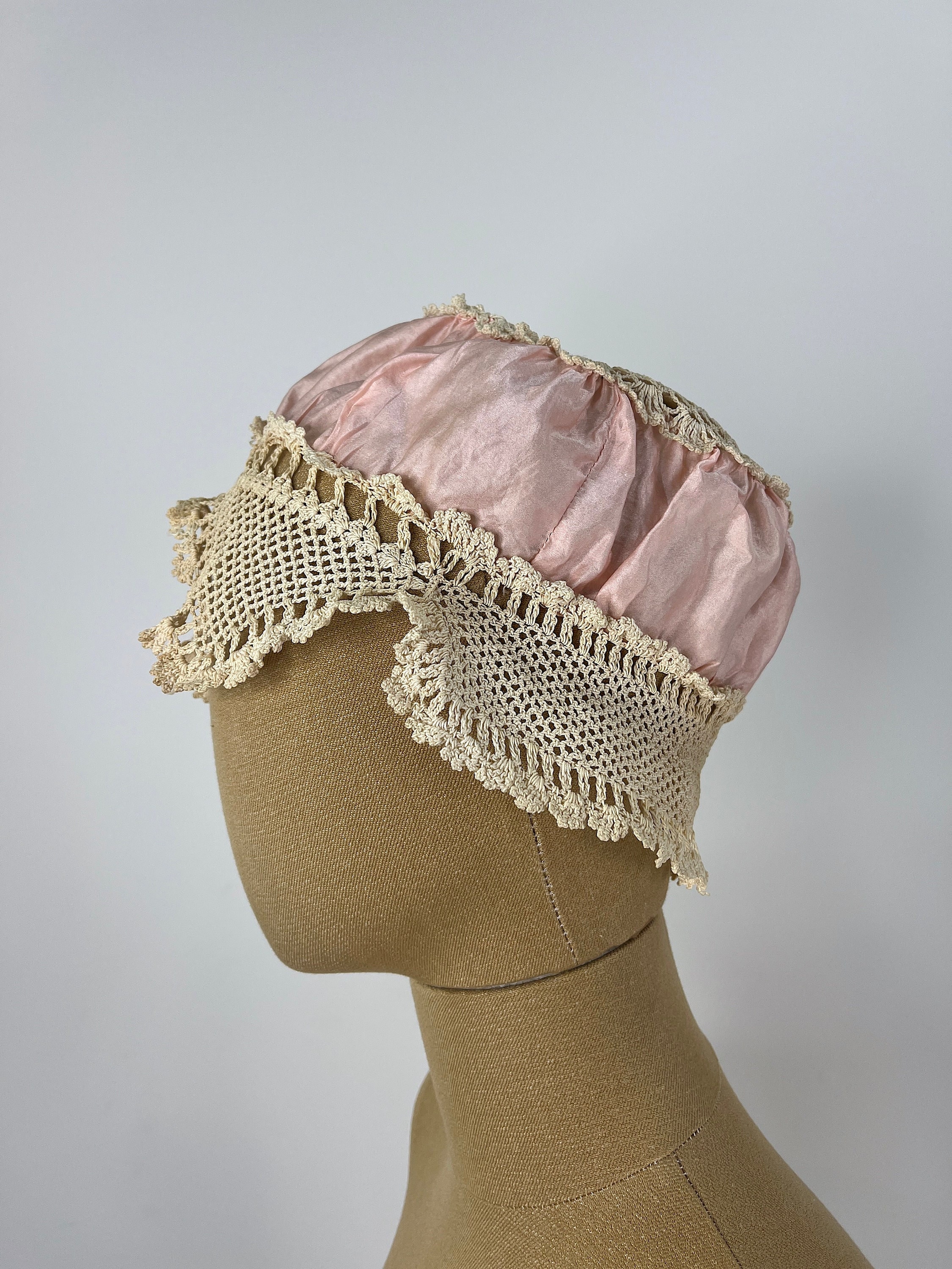Vintage Early 20th Century Bed Cap of Pink Silk and Beige Crochet