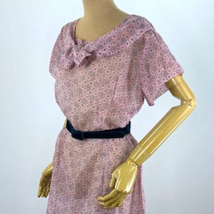 Vintage 1950s Sheer Pink Day Dress with Geometric Floral Print Organdy Dress Self Tie Collar