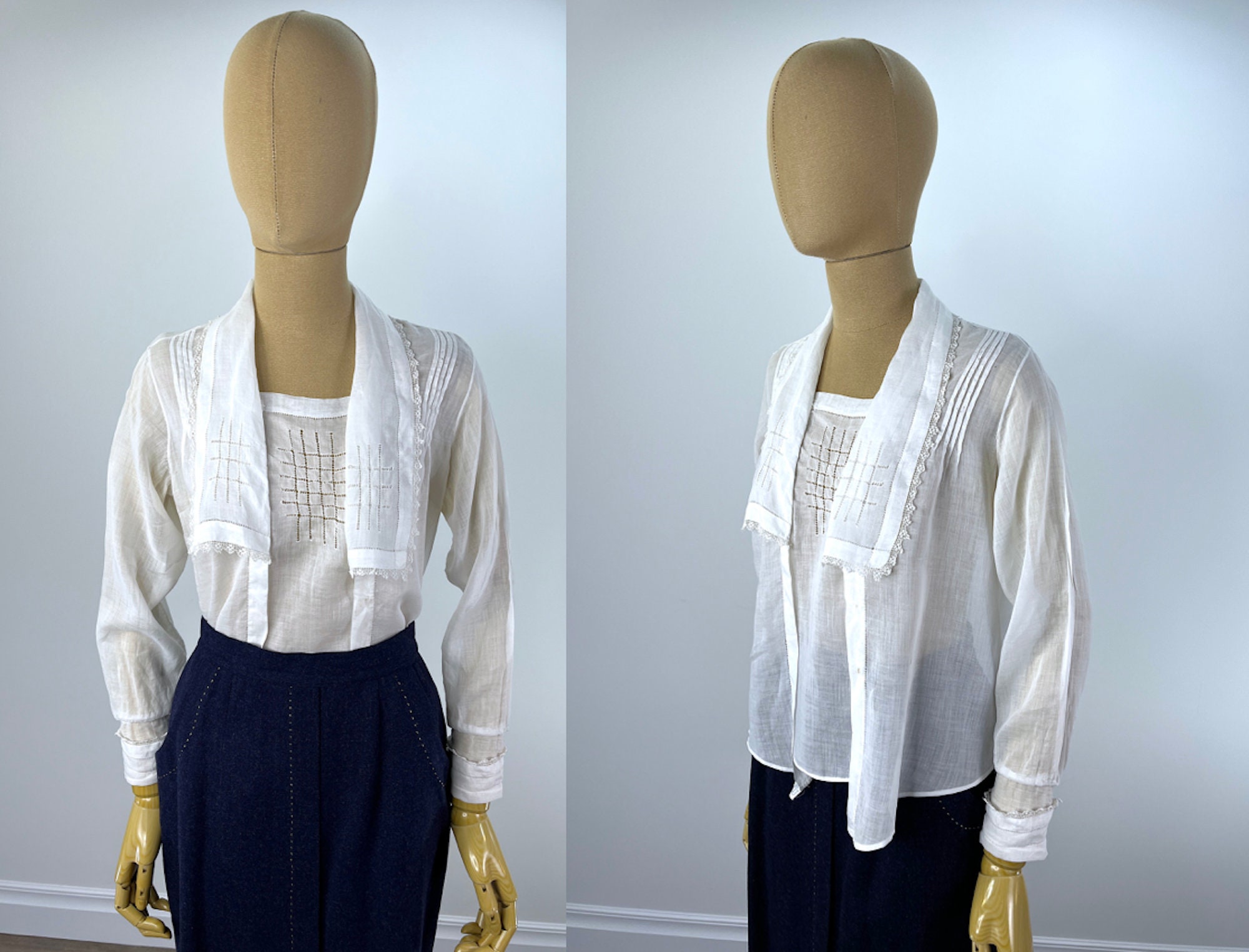 1900s Edwardian White Linen Shirtwaist Blouse | Antique