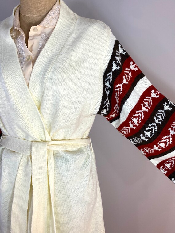 Vintage 1970s Ivory Tie Cardigan with Burgundy, B… - image 8