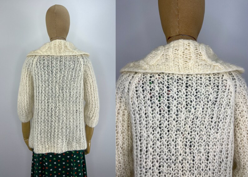 Vintage 1960s/1970s Fuzzy Ivory Hand Knit Cardigan by Montgomery Ward, Cable Knit Cardigan image 4