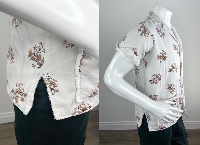May include: White short-sleeve shirt with a brown and tan print. The shirt has a camp collar and is buttoned down the front. The sleeves are cuffed. The shirt is displayed on a mannequin.