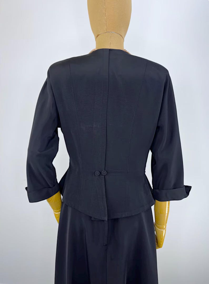 Vintage Evening Suit 1940s Black Faille Jacket Beaded Collar Outfit 1950s Formal Wear 1950s Nipped Waist Retro Cocktail Attire Two Piece image 8
