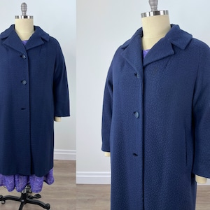 Vintage Late 1950s/ Early 1960s Navy Blue Textured Wool Overcoat