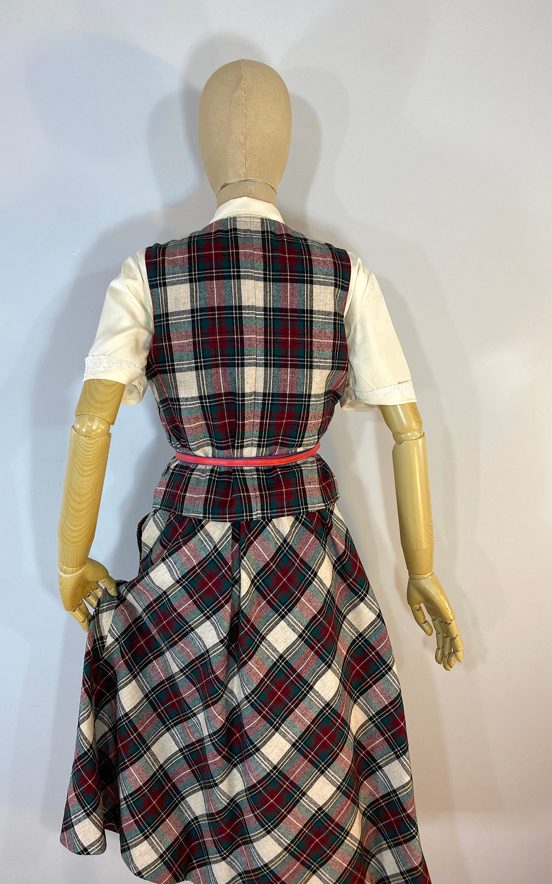 Vintage 1970s/1980s Red and Green Plaid Vest and Skirt Set 