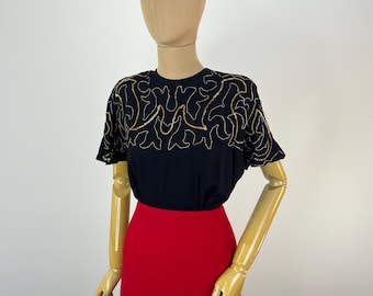 Vintage 1940s Black Crepe Evening Blouse with Gold Sequins and Gold Trim by Trobére Covered Buttons Up the Back